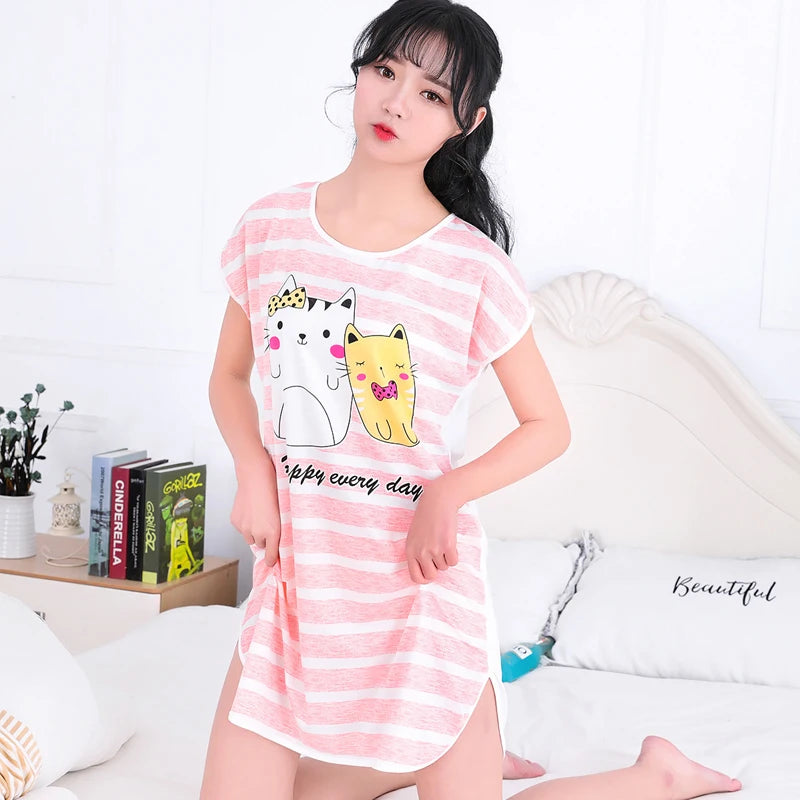 Women Printed Cartoon Sexy Sleepwear Round Neck Lingerie Cute Nightdress One Piece Thin Summer Female Pajamas Nighty Home Wear