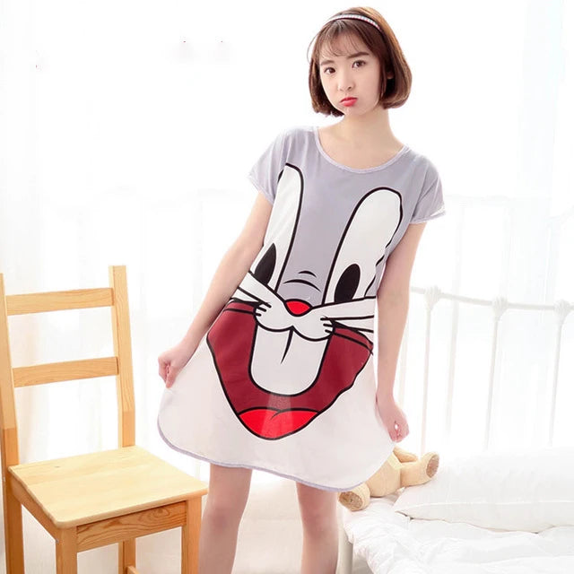 Women Printed Cartoon Sexy Sleepwear Round Neck Lingerie Cute Nightdress One Piece Thin Summer Female Pajamas Nighty Home Wear