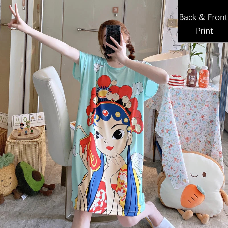 Women Printed Cartoon Sexy Sleepwear Round Neck Lingerie Cute Nightdress One Piece Thin Summer Female Pajamas Nighty Home Wear