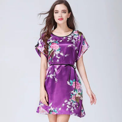 New Sexy Short Sleeves Loose Lingerie Women Print Satin Faux Silk Sleepwear Nightgown Elegant Female Short Nightdress Underwear