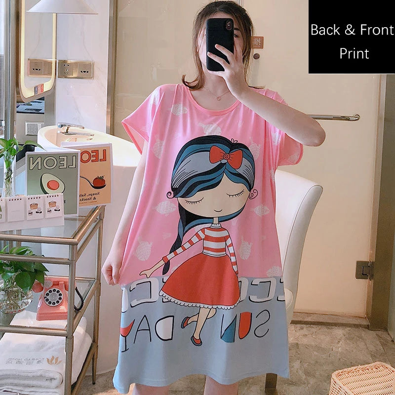 Women Printed Cartoon Sexy Sleepwear Round Neck Lingerie Cute Nightdress One Piece Thin Summer Female Pajamas Nighty Home Wear