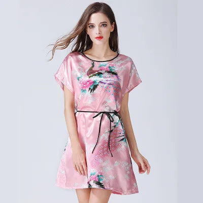 New Sexy Short Sleeves Loose Lingerie Women Print Satin Faux Silk Sleepwear Nightgown Elegant Female Short Nightdress Underwear