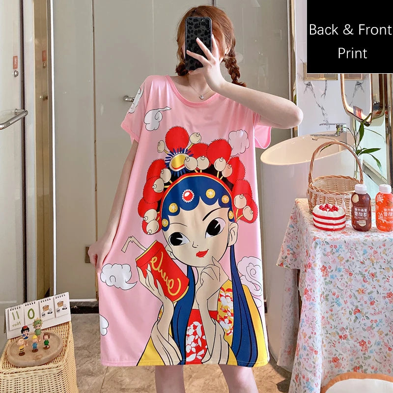 Women Printed Cartoon Sexy Sleepwear Round Neck Lingerie Cute Nightdress One Piece Thin Summer Female Pajamas Nighty Home Wear