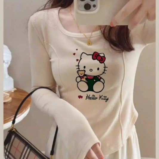 Hot Kawaii Hello Kitty Plush Bottoming Shirt One-Shoulder Sweet Sanrio Spicy Girl Lined Low-Neck Slim Long-Sleeved T-Shirt Top