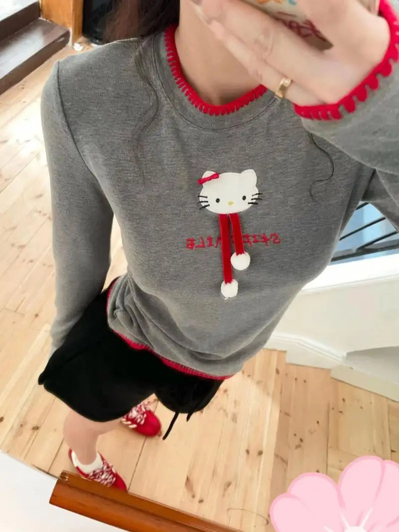 Hot Kawaii Hello Kitty Sweet Cute Sweatshirt Girl Long-Sleeved T-Shirt Sanrio Hot Girl Cartoon Slim Casual Sports Versatile Tops