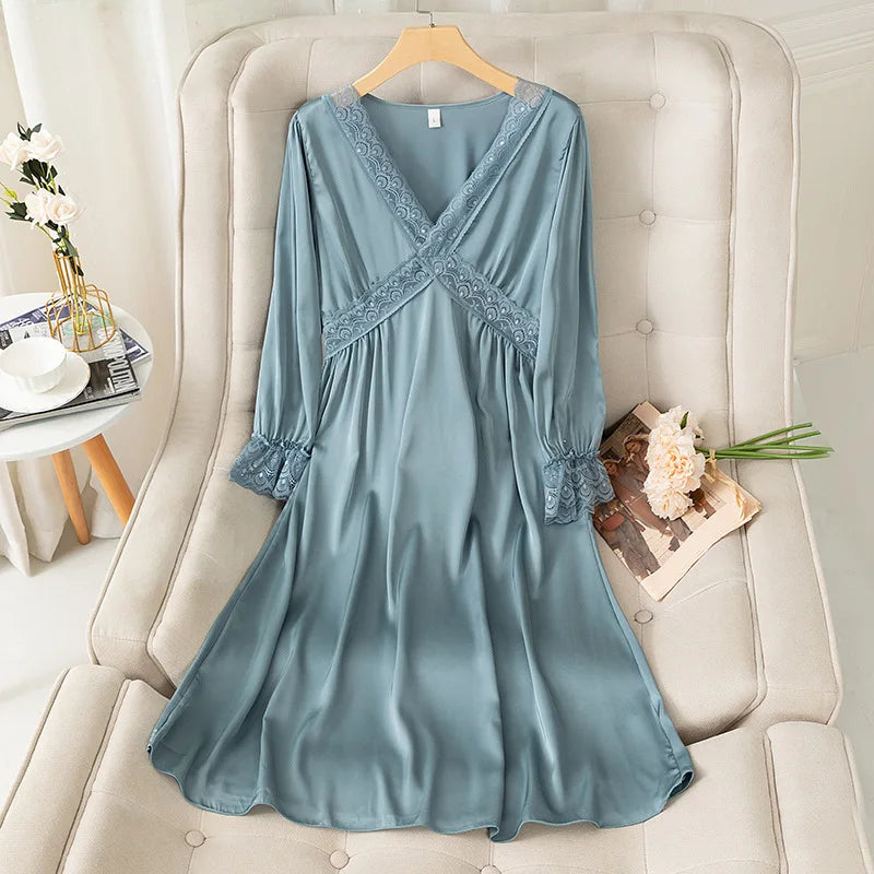 Vintage Lady Girls Nightdress V-Neck Nightgown Princess Dress Sleepshirts Royal Style Sleepwear Satin Home Dresses Loungewear