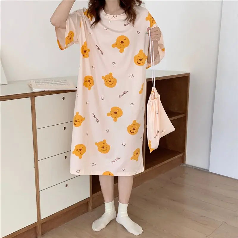 Plus Oversize Women Pajamas Dress Female Loose Cartoon Print Long Sleep Shirt Girls Thin Summer Home Clothing Can Be Wear Out