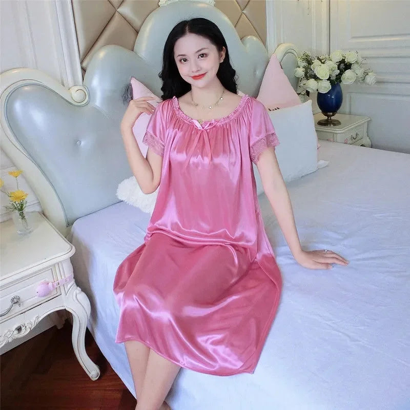 2024 Women Ice Silk Sleepwear Set Nightdress Homewear Nightwear Pyjamas Female Lace Sleepwear V-neck Nightgown 40kg-100kg