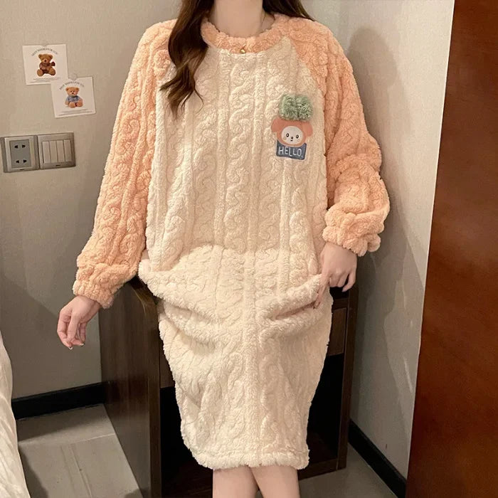 Plus Size Women Winter Nightdress Cartoon Coral Fleece Warm Nightgown Sweet Pajamas Soft Flannel Velvet Home Clothes Sleepdress