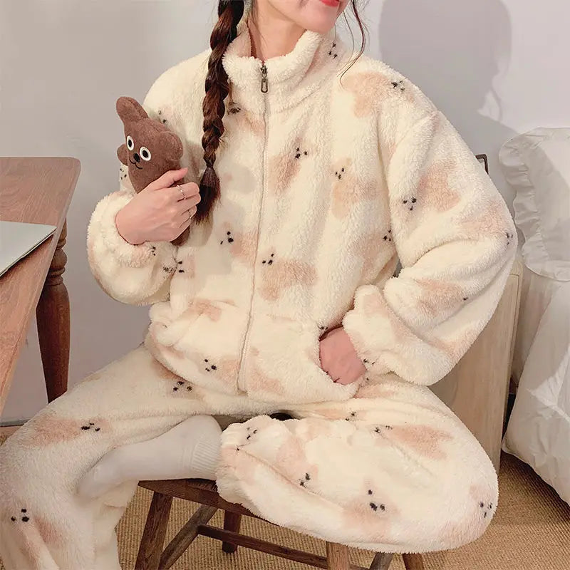 Kawaii Hello Kitty Coral Velvet Pajamas Polka Dot Pajamas Sweet 2Pcs Beautiful Girl Long-Sleeved Tops Warm Casual Home Wear Set