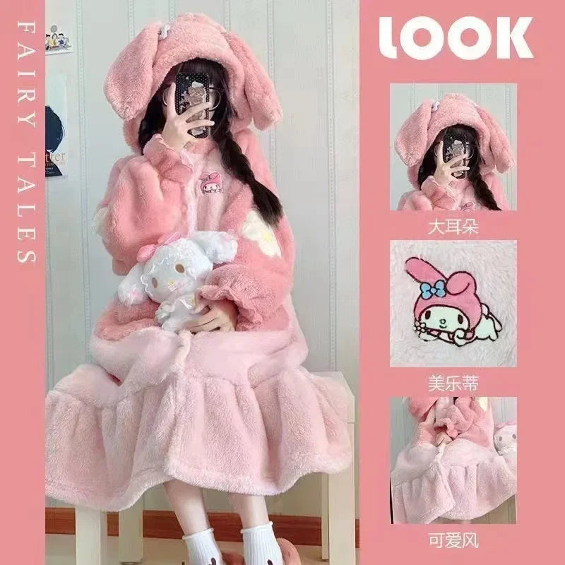 Hot Kawaii Sanrio Cartoon Pajamas Hello Kitty Girls Velvet Nightgown Couple Sweet Long Bathrobe Nightgown Casual Home Wear Set