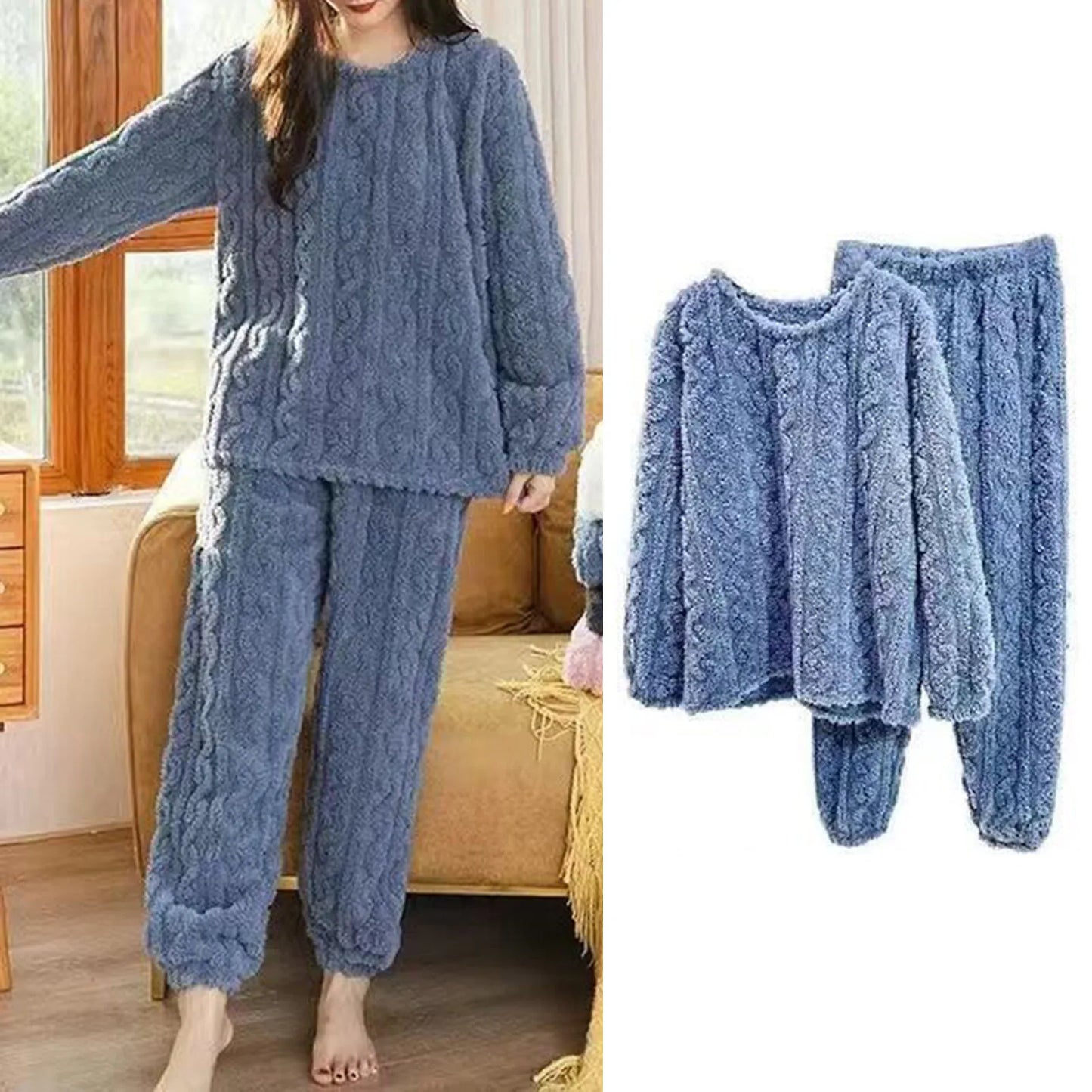 New Pajama Sets Women's Solid Long Sleeve Winter Woman Fluffy Pijama Suit with Pants Thick Warm Fleece Home Clothes for Female