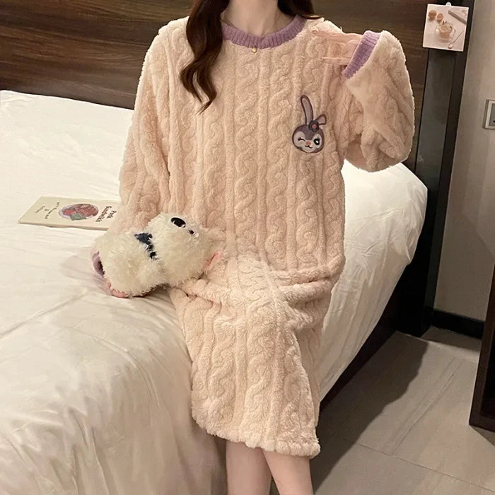 Plus Size Women Winter Nightdress Cartoon Coral Fleece Warm Nightgown Sweet Pajamas Soft Flannel Velvet Home Clothes Sleepdress