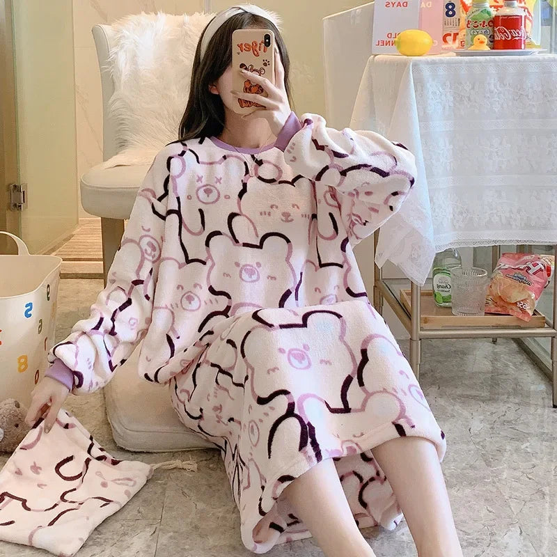 100kg Large Size Winter Flannel Nightgown Women Korean Student Cartoon Coral Velvet Sleepwear Long Sleeve Thick Warm Home Dress