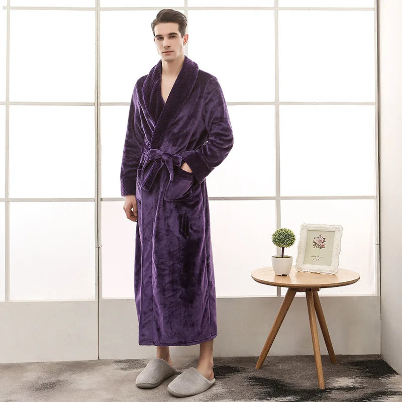 Night Dress Women Bathrobe Flannel Robe Women's Winter Lengthened Coralline Plush Shawl Bathrobe Long Sleeved Warm Bath Robe Men