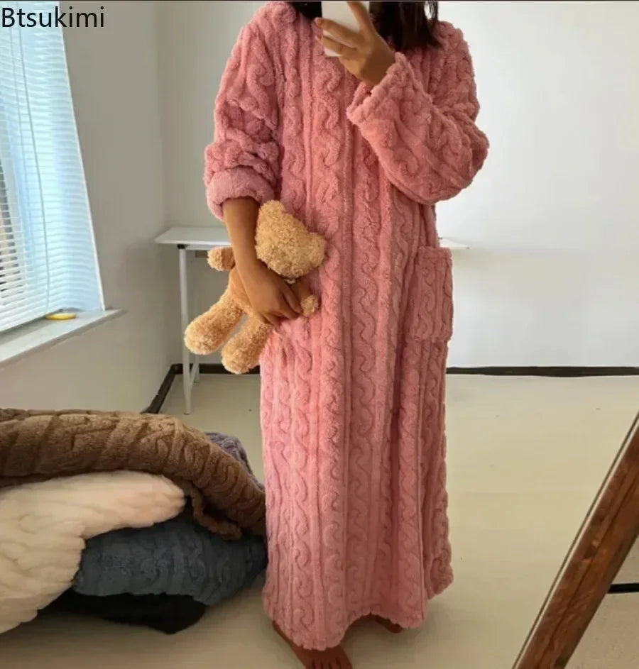 2025New Winter Warm Flannel O-Neck Long Sleeve Dress Casual Oversize Sleepwear Loose Thick Long Dress Lady Pajamas Chic Homewear