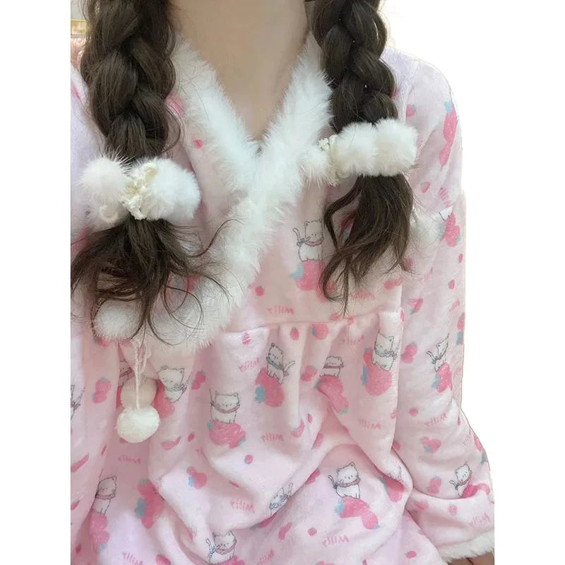 Kawaii hello kitty pajamas pajamas 2pcs girls long-sleeved tops Sanrio cute cartoon coral velvet casual home clothes warm suit