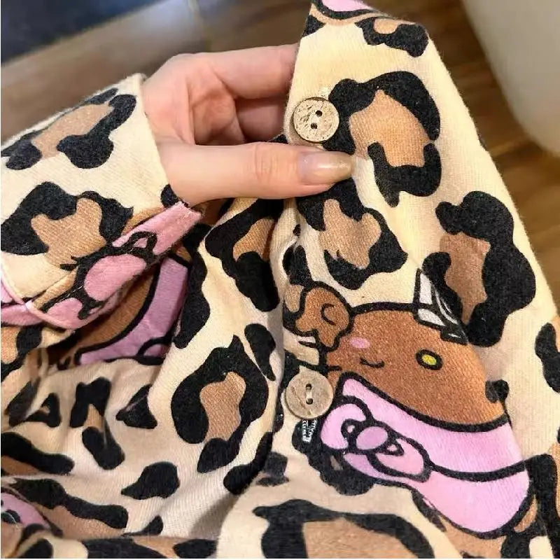 Hot Kawaii Hello Kitty Sweet Leopard Print Pajamas Pajamas Sweet Girls Long Sleeve Cute Tops Ins Pants Casual Home Wear Set