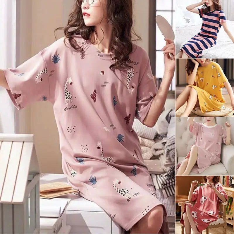 New Womens Nightshirt Night Dress Cartoon Sleepwear Ladies Short Sleeve Soft Comfortable Nightwear Print Pyjama Dress