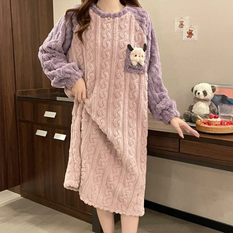 Plus Size Women Winter Nightdress Cartoon Coral Fleece Warm Nightgown Sweet Pajamas Soft Flannel Velvet Home Clothes Sleepdress