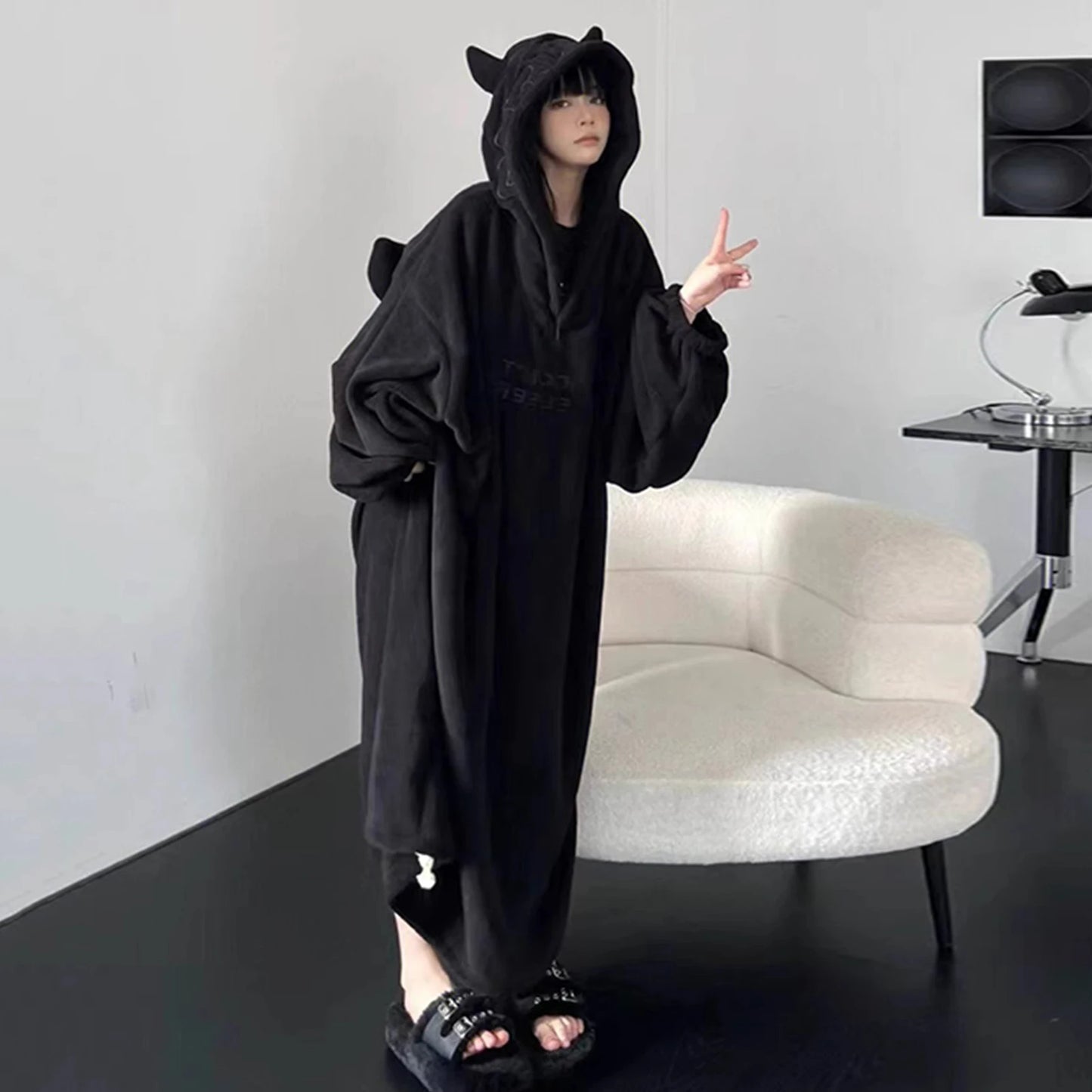 Thickened padded pajamas Solid color Homewear Loose oversized hooded Dresses Imp couple robe Fall and winter one-piece Sleepwear