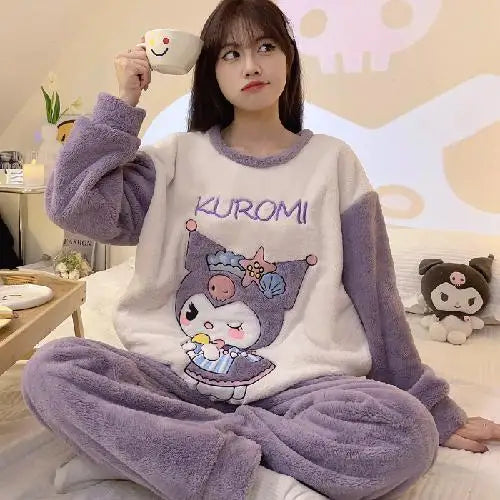 Hot Kawaii Hello Kitty Autumn Winter Pajamas Long-Sleeved Tops Sanrio Girls Flannel Pajamas Cute Cartoon Casual Home Clothes Set