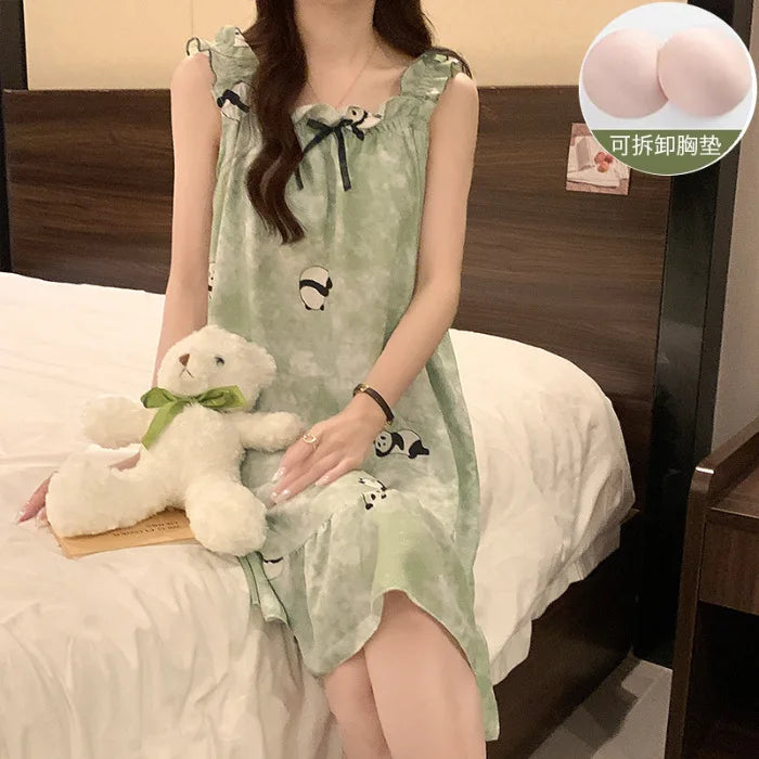 Plus Size Summer Suspender Nightdress with Chest Pad Korean Sleep Dress Loose Pajamas Outerwear Ruffle Thin Cartoon Loungewear