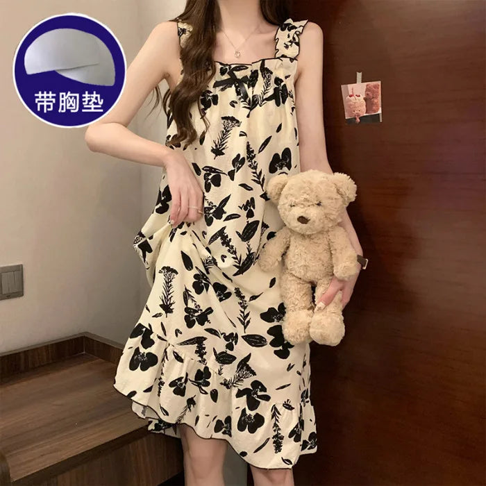 Plus Size Summer Suspender Nightdress with Chest Pad Korean Sleep Dress Loose Pajamas Outerwear Ruffle Thin Cartoon Loungewear