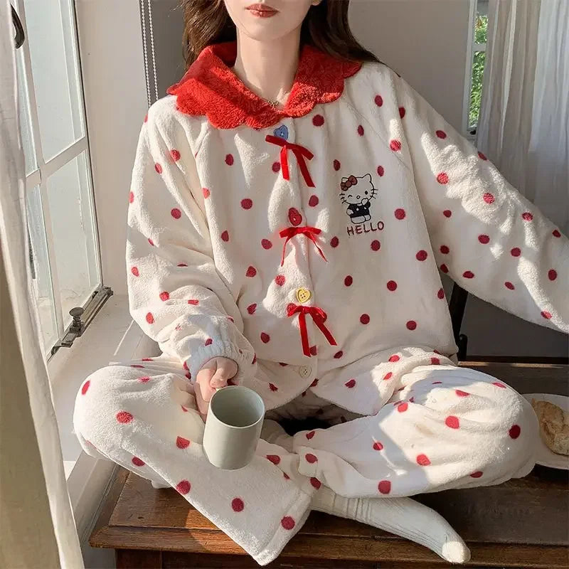 Hot Kawaii Hello Kitty Coral Velvet Pajamas Girls Pajamas Autumn Winter Thickened Cartoon Cute Tops Casual Wear Home Clothes Set