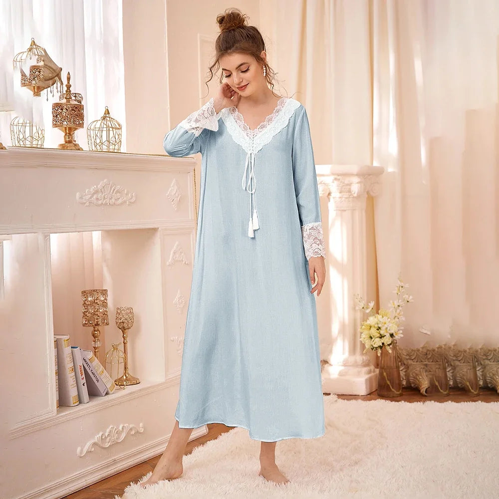 Long Nightgown Women Modal Home Dress V-Neck Solid Fashion Long Sleeves Night Gown Women New Autumn Winter Night Women Sleepwear