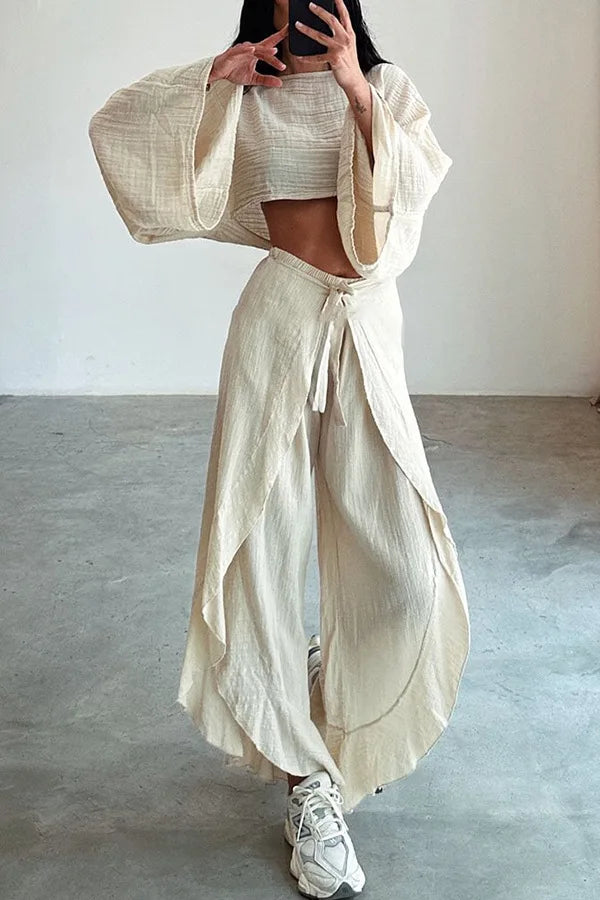 Spring Summer New Pants Sets Women Fashion Loose Cropped Top And Leace-up Slit Wide Leg Trousers Two Piece Set Trendy Streetwear