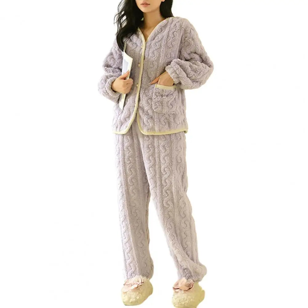 Sleepwear Women Pajamas Set Winter Fleece Velvet 2 Pieces Home Suit Sleep Fluffy Korean Warm Night Wear