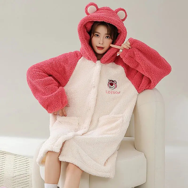 Kawaii Hello Kitty Hooded Pajamas Pajamas Girls Autumn Winter Long-Sleeved Tops Sanrio Thickened Bathrobe Casual Home Wear Set