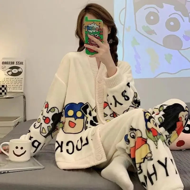 Hot Kawaii Hellokitty V-Neck Pajamas Girl Cute Sweet Home Clothes Sanrio My Melody Autumn Winter Flannel Cotton Suit Casual Wear