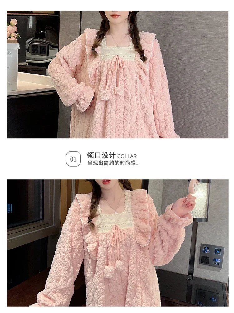 5XL Plus Size Women Winter Nightgown Sweet Coral Velvet Long Sleepwear Warm Home Clothes Fleece-Lined Thickened Robe Sleep Dress