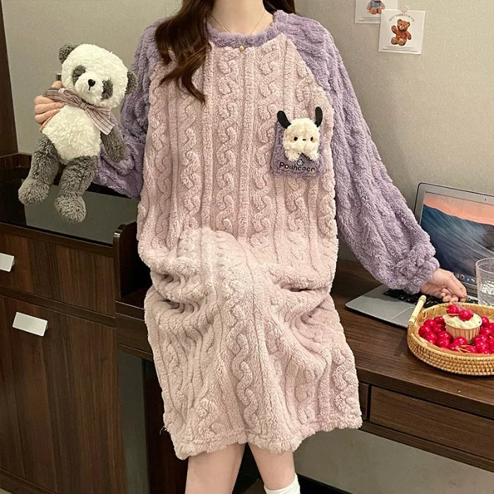 Plus Size Women Winter Nightdress Cartoon Coral Fleece Warm Nightgown Sweet Pajamas Soft Flannel Velvet Home Clothes Sleepdress