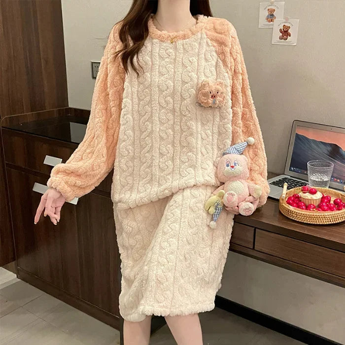 Plus Size Women Winter Nightdress Cartoon Coral Fleece Warm Nightgown Sweet Pajamas Soft Flannel Velvet Home Clothes Sleepdress