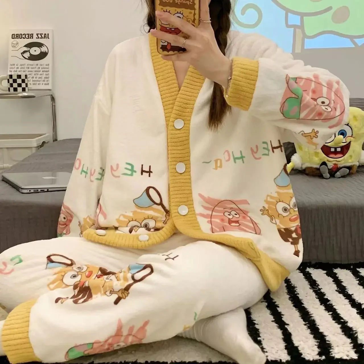 Hot Kawaii Hellokitty V-Neck Pajamas Girl Cute Sweet Home Clothes Sanrio My Melody Autumn Winter Flannel Cotton Suit Casual Wear