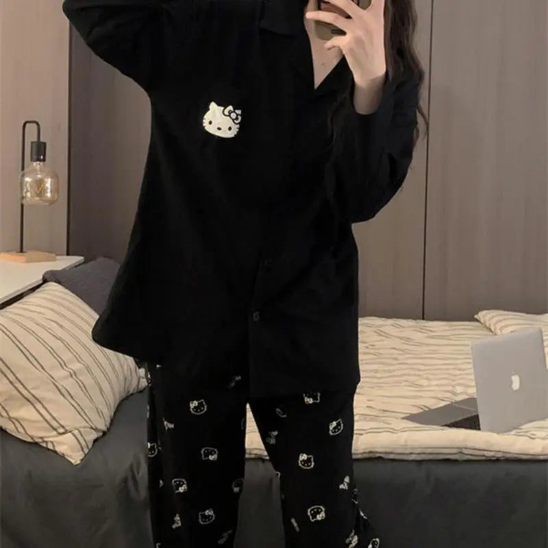 Sanrio Cardigan Leisure Time V-Neck Pajama Set Kawaii Hello Kitty Comic Lovely Spring and Autumn Student Leisure Wear Fashion