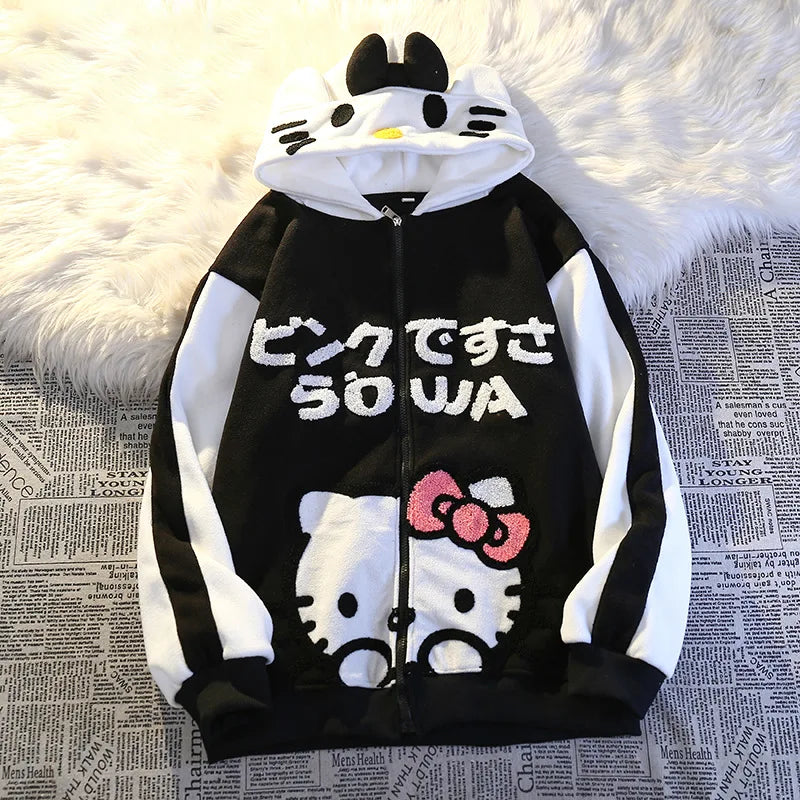 Hot Kawaii Sanrio Hellokitty Hooded Zipper Cardigan Girls Sweatshirt Autumn Winter Thickened Warm Cute Cartoon Loose Casual Tops