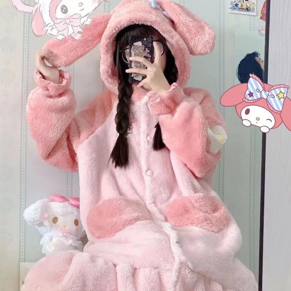 Hot Kawaii Sanrio Cartoon Pajamas Hello Kitty Girls Velvet Nightgown Couple Sweet Long Bathrobe Nightgown Casual Home Wear Set