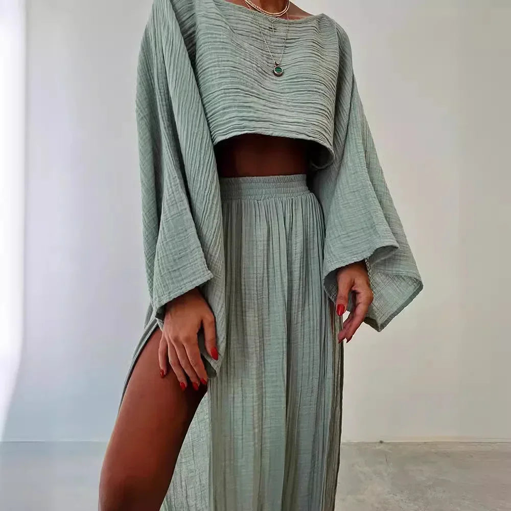 Casual Solid Cotton Linen 2 Piece Sets Spring O Neck Crop Top High Waist Slit Women Skirt Outfit Summer Flare Sleeve Hollow Suit