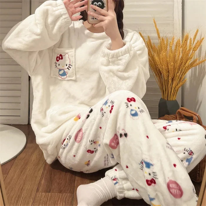 Hot Kawaii Hellokitty Autumn Winter Pajamas Girl My Melody Long-Sleeved Trousers Sweatshirt Sweet Couple Warm Home Clothes Set