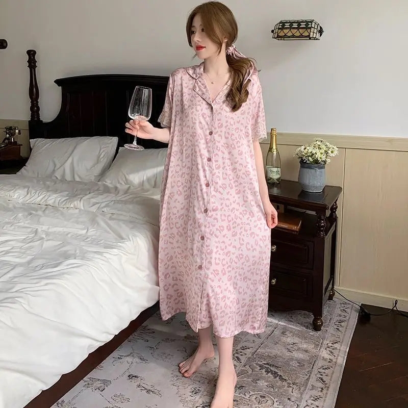 Summer Women's Pink Leopard Print Ice Silk Nightgown