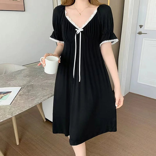 Women's Sleep & Lounge New Soft Women Sleep Skirt Cotton Short Sleeves Nightdress Black Luxury Ladies Shirt Casual Home Dress