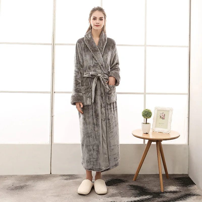 Night Dress Women Bathrobe Flannel Robe Women's Winter Lengthened Coralline Plush Shawl Bathrobe Long Sleeved Warm Bath Robe Men