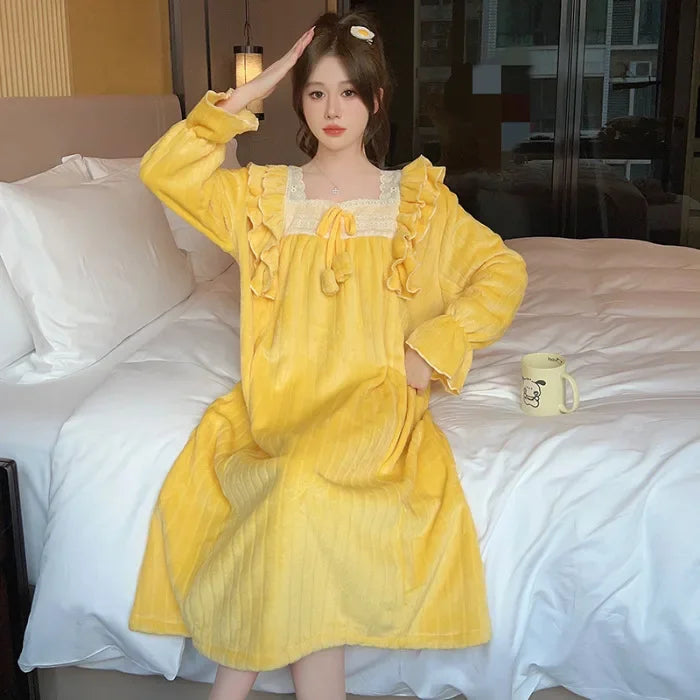 Winter Warm Sleepwear Princess Style Women's Flannel Nightgown Homewear Soft Coral Velvet Court Pajama Solid Loose Sleep Dress