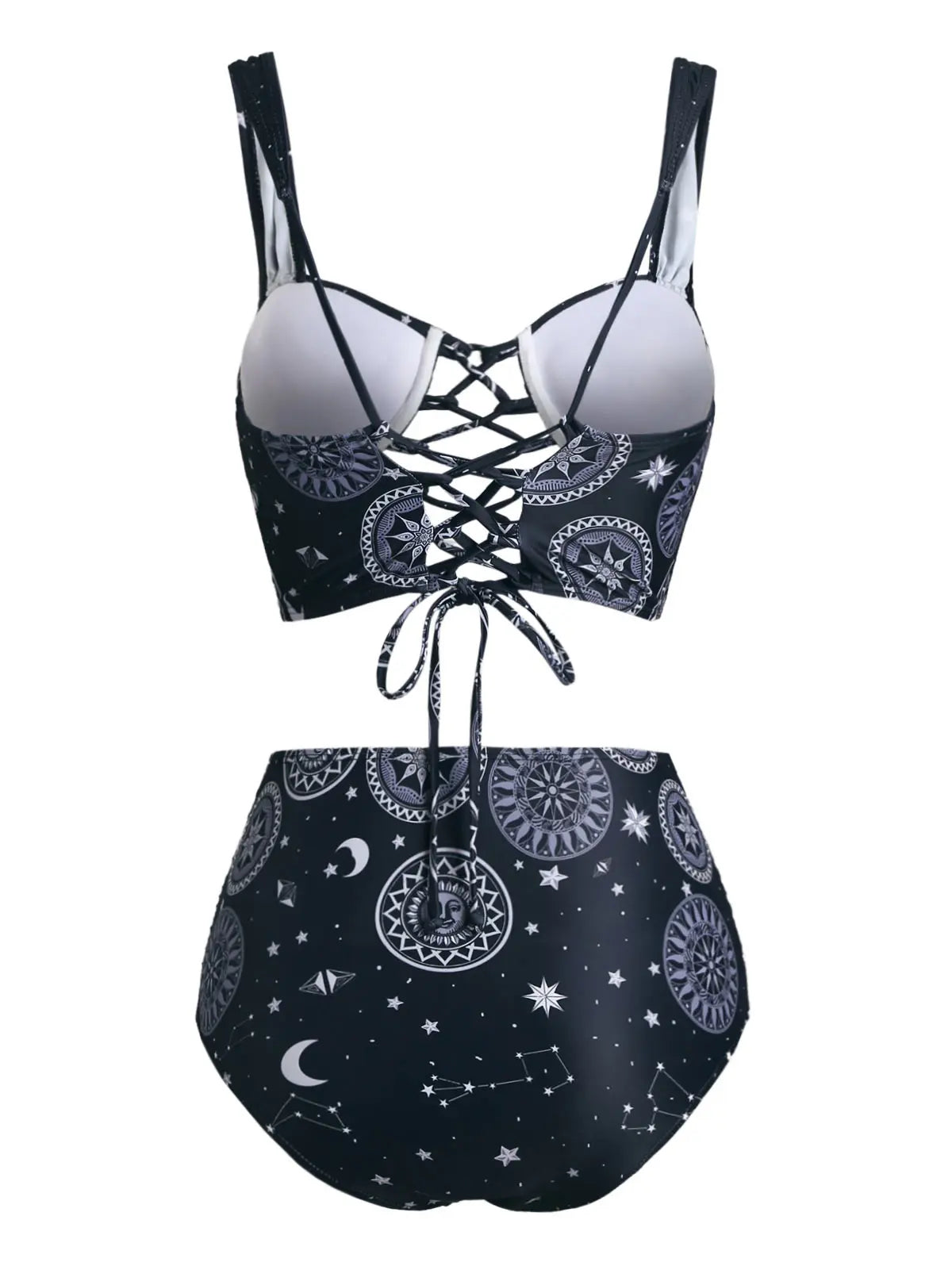 DRESSFO Women's Swimwear Vintage Tankini Sun Moon Star Print Bathing Suit Lace Up Summer Beach Tummy Control Swimwear