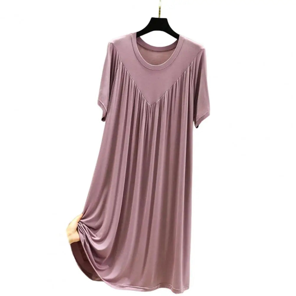 Women Night Dress Pleated Thin Short Sleeves Round Neck Loose Sleeping Solid Color Knee Length Sleepwear Home Dress Women