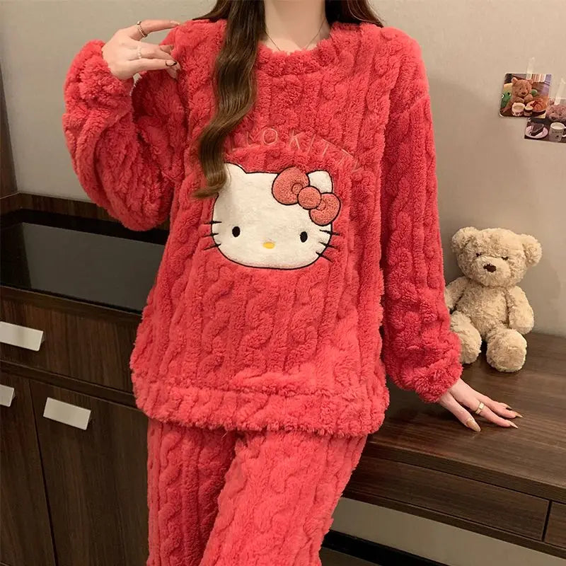 Hello Kitty Coral Velvet Pajamas Girls Long-Sleeved Tops Autumn Winter Velvet Thickened Pajamas Warm Student Pants Home Clothes